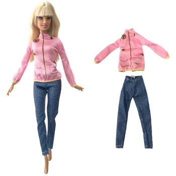 1 Állítsa Őszi szélálló öltöny: Rózsaszín hosszú ujjú póló + utánzat farmer nadrág Barbie-Baba Kiegészítők 283D Kép
