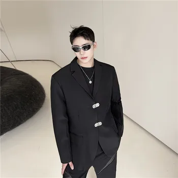 2022 Őszi téli koreai stílus, Egyedi placket Fém csat öltöny, férfi alkalmi laza fekete öltönyös férfi M-XL Kép