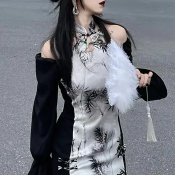 2023 Fekete Bambusz Qipao Szexi Ki Váll Cheongsams Nők Javult Kínai Ruha Magas Osztott Vestidos Gótikus, Sötét Ruhák Kép