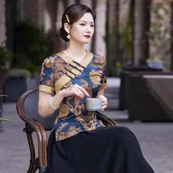 2023 Kínai tang style ruha vintage cheongsam felső virágos nyomtatás szatén ing Kínai köztársaság stílus felső elegáns blúz pd Kép