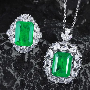2023 Új Érkezés Hercegnő Vágott Smaragd Drágakő Ékszer Szett Nők számára 925 Sterling Ezüst Átméretezhető Gyűrű Nyaklánc Luxus Ajándékok Kép
