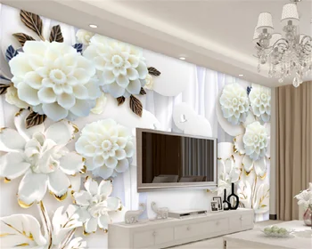 3D háromdimenziós divat kör fehér virágok, nappali, TV, kanapé háttér fal dekorációs festmény falfestmény háttérkép tapety Kép