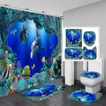 3D Óceán Design Delfin Vízálló Szövet Fürdőszobában Zuhanyzó Függöny, Függönyök Meghatározott csúszásgátló Szőnyegek Wc Tetejét Borító Szőnyeg Firanki Kép