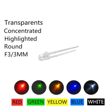 5Colors x20pcs =100 F3 Ultra Fényes 3MM Kerek, víztiszta Zöld/Sárga/Kék/Fehér/Piros LED Lámpa Fénykibocsátó Dióda Dides Készlet Kép