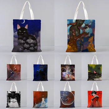 A Macska pedig a Csillagos Ég Tote szatyor Nők Vásárlók Váll táska Szervező Nagy Kézitáska Összecsukható Bevásárlás Csomag Kép