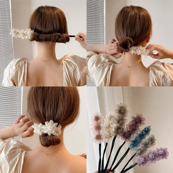 A Nők Elegáns Bud Chiffon Virág Zsemle Készítő Frizura Készítés Szerszám Hosszú Haj, Édes Braide Kötél Hairbands Koreai Tartozékok Kép
