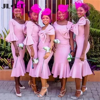 Aranyos Íj, Rövid Esküvői Party Ruhák 2021-Afrikai koszorúslány Szatén Csipke Vissza a Fekete Lány Koszorúslány Ruha Kép