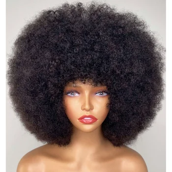 Bolyhos Afro Perverz Göndör Emberi Hajból Készült Paróka, Sűrű Frufru Természetes Rövid Bob Paróka, Fekete Nők 180% Sűrűség Teljes Gép Haj Kép
