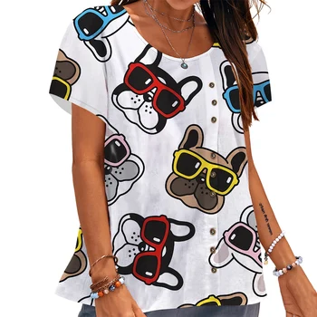 CLOOCL Női póló Jóképű Kutya Fejét a Minta 3D Nyomtatott Pólók Gombot Díszíteni Rövid Ujjú Felsők Nyári Alkalmi Női Blúzok Kép