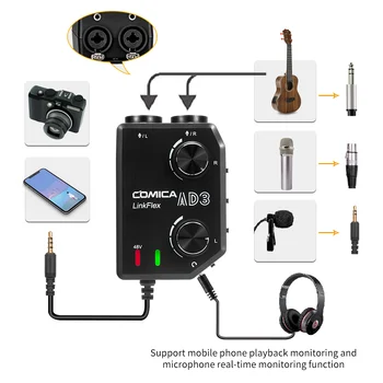 COMICA AD3 XLR/3.5 mm/6.35 mm-es Mikrofon Előerősítés Mixer/Adapter/Gitár Felület DSLR Ágyú Nikon Fényképezőgép, iPhone, Android Kép