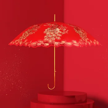Csipke Kínai Esernyő Egyedülálló Nők Lányos Vörös Esküvői Hosszú Luxus Virág Aranyos Hordozható Esernyő Lányok Sombrilla Esküvői Felszerelés Kép