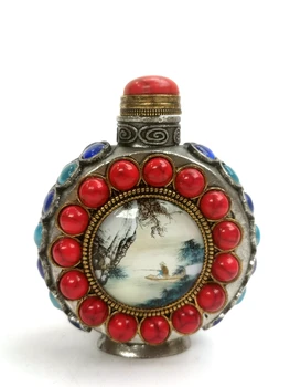 CULTUER MŰVÉSZETI Gyűjtemény Régi Kínai Tibeti Ezüst Kéz Inlay Ékszer, Festmény, Tájkép dohányszelencét Dekoráció Ajándék Kép