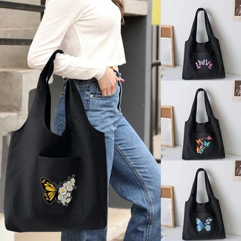 Divat Női Bevásárló Táskák Összecsukható Női Válltáska Pillangó Nyomtatott Vászon Utazási Tote Szervező Diák Shopper Táska Kép