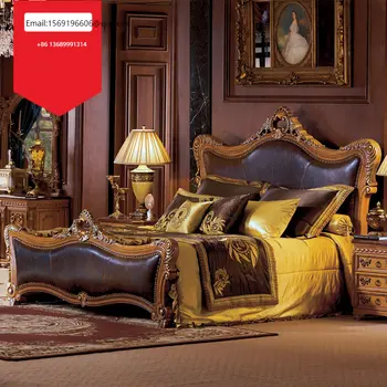 Egyéni Európai bőr festett arany, dupla villa tömör fa ágy high-end hercegnő ágy háztartási minőségi faragott Kép