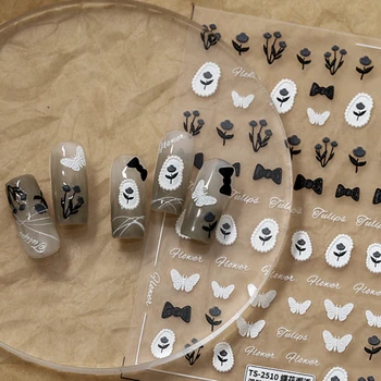 Fehér Pillangó, Fekete Virágok Bowknot 5D Puha Dombornyomott Domborművek Öntapadó Köröm Matricák Aranyos 3D Manikűr Matricák Nagykereskedelmi Kép