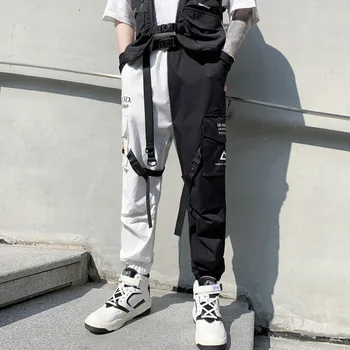 Fekete-Fehér Patchwork Techwear Nadrág Férfi Ruházat Harajuku Hip-Hop Nadrág Szalagok Öv Alkalmi Kocogók Kép