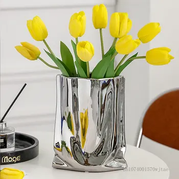 Fény luxus stílusú galván arany/ezüst kerámia rakott váza kreatív virágkötészeti haza nappali asztal decor váza Kép