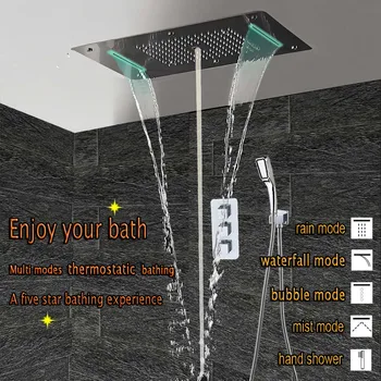 Fürdőszoba Zuhany Szett LED Mennyezeti zuhanyfej Termosztatikus Csaptelep Rejtett Panel Luxus Fürdő Mixer Csapadék Vízesés Buborék Köd Kép
