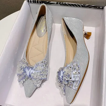 hegyes toe kristály gyöngyös magas sarkú női íj zapatos de tacon mujer elegantes munka cipő csillogó ruhát szivattyúk 2023 Kép