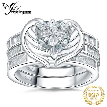 JewelryPalace Új 3pcs 925 Sterling Ezüst Esküvői jegygyűrűt a Nő Régi Szárny Szerelmes Szív Toll Ölelés Gyűrű, Esküvői Szett Kép