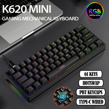 K620 Mini Gaming Mechanikus Billentyűzet Hotswap 61 Kulcsok RGB C-Típusú Vezetékes Gaming Billentyűzet PBT Keycaps 60% Ergonómia Billentyűzetek Kép