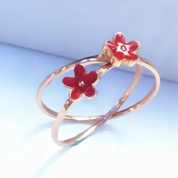 Klasszikus design 585 lila aranyozott 14K rose gold piros zománc kis virág gyűrű a nők, gyönyörű, Aranyos, jó parti ékszer Kép