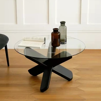 Kreatív Tömör Fa, Üveg Dohányzóasztalok Fény Luxus Otthon Bútor Modern Nappali Oldalsó Asztal Skandináv Tervező Kerekasztal Kép