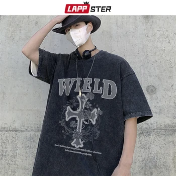 LAPPSTER Kereszt Streetwear Hip-Hop Túlméretezett Póló 2023 Nyári Kosárlabda Harajuku Fekete Vicces Pólók koreai Grafikus Póló Kép