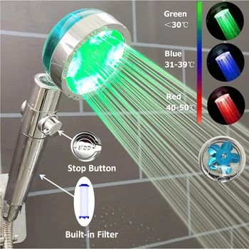 LED Hőmérséklet-Érzékelő zuhanyfej A Stop Gombot 3/7 Színek Változások Turbo Propeller Magas Nyomás Negatív Ion Szűrő Zuhany Kép
