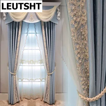 Magas minőségű, Gyönyörű Európai Csipke Stílus egyszínű Luxus Kék Árnyalat Csipke Függönyt a nappaliban, Hálószobában Testre Dekoráció Kép