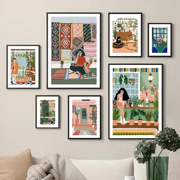 Marokkói Lány Tea Macska Botanikus Bohém Növény Wall Art Vászon Festmény, Poszterek, Nyomatok, Fali Képek Fürdőszoba, Konyha Dekor Kép
