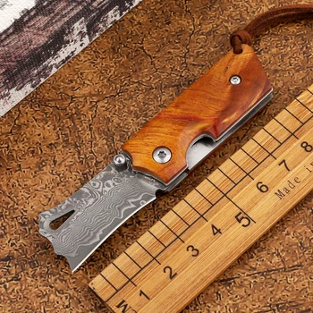 Mini Damaszkuszi acél összecsukható kés fa nyéllel külső taktikai multifunkcionális kemping vadászat DÁN védelmi eszköz kés Kép