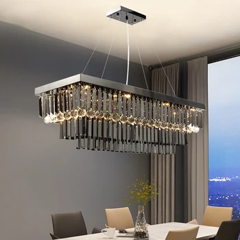 Modern fekete kristály csillár az étkező téglalap konyha sziget felfüggesztés cristal lámpák luxus otthon dekor led lámpa Kép