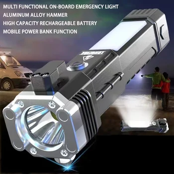 Multi Funkcionális Zseblámpa Újratölthető LED-es munkalámpa Jármű Biztonsági Kalapács COB Oldalon Fény Használt Autó vészvilágítás Kép