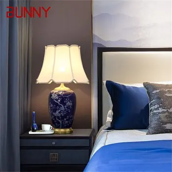 NYUSZI Kék Kerámia asztali Lámpa Bronz Modern, Luxus Szövet, asztali Lámpa Haza Dekoratív Nappali Étkező Hálószoba Kép