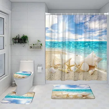 Ocean Beach Zuhanyfüggöny Meghatározott Csillag Kagyló Hawaii Természet, Táj, Haza Fürdőszoba Decor Csúszásmentes Szőnyeg, Szőnyeg Wc Fedél Fedél Kép