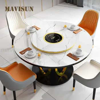 Okos, Konyha Asztal, Indukciós Főzőlap Bővíthető Kerek Asztalok 360° - Os Forgó Lemezjátszó Luxus Étkező Kombináció Kép