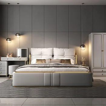 Olasz modern minimalista 1.5-1.8 méter méter hálószobában kétszemélyes ágy, tömör fa kárpitozott ágy, fény Napa luxus bőr b Kép
