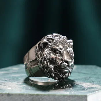Oroszlán Gyűrű, Férfi Titánium Gyűrű 3D Állat-Gyűrű Punk Hip-Pop-Rock Stílus Kép