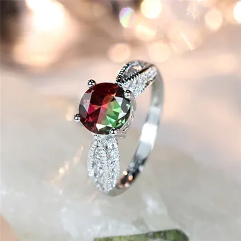 Piros, Zöld, Cirkon Eljegyzési Gyűrű Szivárvány Kristály Kerek Kő Gyűrű Varázsa Ezüst Színű Esküvői Zenekar Gyűrűk A Nők, Menyasszonyi Ékszerek Kép
