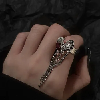 Punk Szív Tassel Gyűrűk Nők Y2K Szabálytalan Vörös Szerelem Kristály Hosszú Lánc Ujj Gyűrű, Ékszerek, Gót Cirkon Esztétikai Egirl Gyűrű Kép