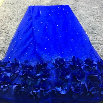 Royal Kék francia Csipke Anyagból 3D Virágokkal Hímzett Afrikai Tüll Csipke Szövetből készült, Gyöngyökkel Afrikai Csipke Anyag Esküvői M2362 Kép