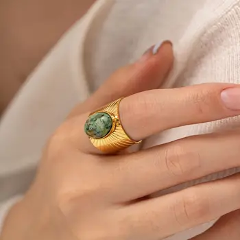 Régi Ovális Természetes Kő Gyűrű A Nők Túlzott Széles Design Nyitott Gyűrű Női Állítható Gyűrű, Ékszerek, Ajándék Anillos Mujer Kép