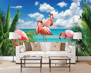 Saját Háttérképet HD Flamingo Trópusi Növények Tenger Hálószoba Kanapé Háttér Fal Dekorációs Festmény, Tájkép Freskó Papier Peint Kép