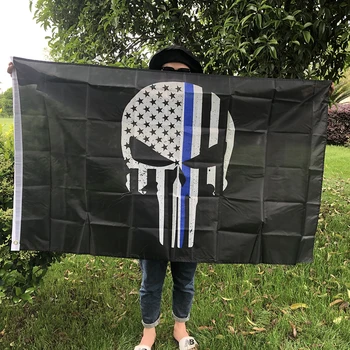 SKY ZÁSZLÓ 90x150cm Megtorló Zászló vékony kék vonal koponya csont Amerika Megtorló Rendőrség Zászló 3x5ft Fekete Háttér Díszíteni Banner Kép