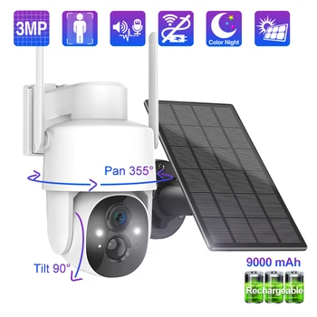 Techage 3MP PTZ Vezeték nélküli Napelem IP Kamera Újratölthető 9000mAh Szabadtéri Emberi Érzékeli, Beépített Akkumulátor Szín Este VisionWifi Kép