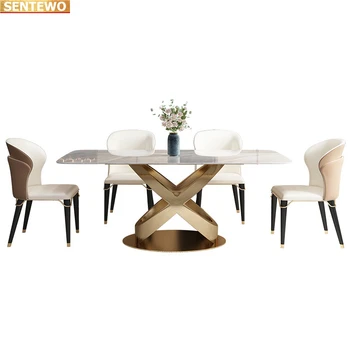 Tervező Luxus ebédlő Márvány Kő Födém étkező asztal szett 4 6 szék mesa tavoli bútor marbre Rozsdamentes acél arany bázis Kép