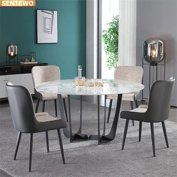 Tervező Luxus kerek konyha Márvány Kő Födém étkezési terített asztal 6 szék fennsík comedor bútor meuble marbre Szén-acél alap Kép