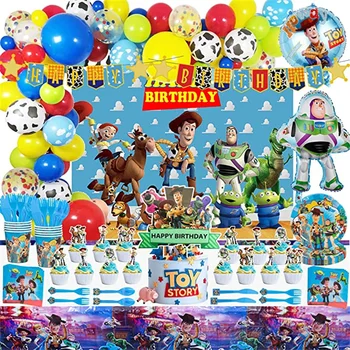 Toy Story Téma Party Dekoráció Eldobható Evőeszközök Papírpohár Plats Szalvéta Lufi Baby Shower Gyerekek Szülinapi Party Kellékek Kép