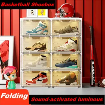 Világító Kosárlabda Cipő Szekrény Átlátszó Kézzel készített Kijelző Bin Összecsukható Tároló Polc Hang-aktivált Por Csomagolás Doboz Kép